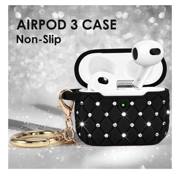 Apple Airpods 3rd Generation Rhinestone  Protective Case w/ Keychain Color Black - Picture 1 of 6